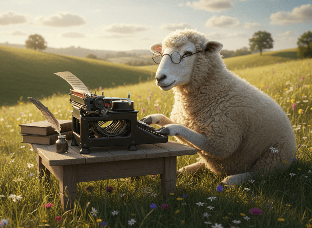Un mouton dans un champ qui écrit sur une machine à écrire.