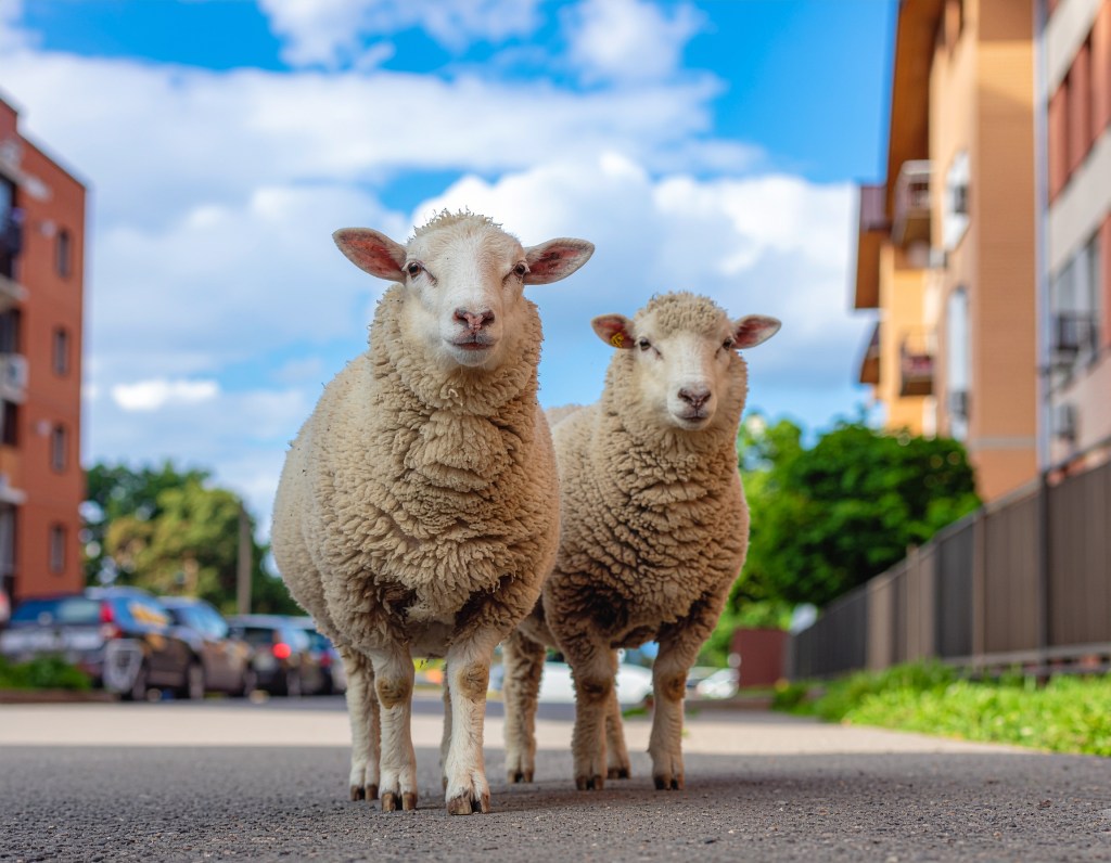 les deux moutons descendent dans la rue de leur cité