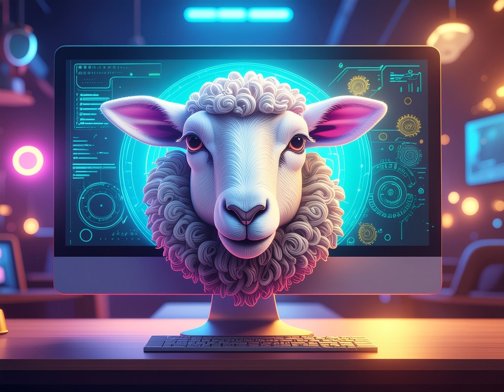 une tête de mouton coloré apparaît dans un écran d'ordianateur